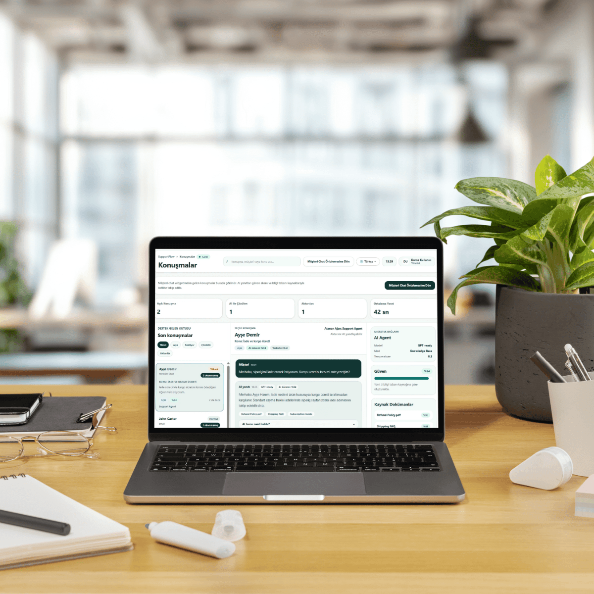 SupportFlow screenshot inside a browser mockup